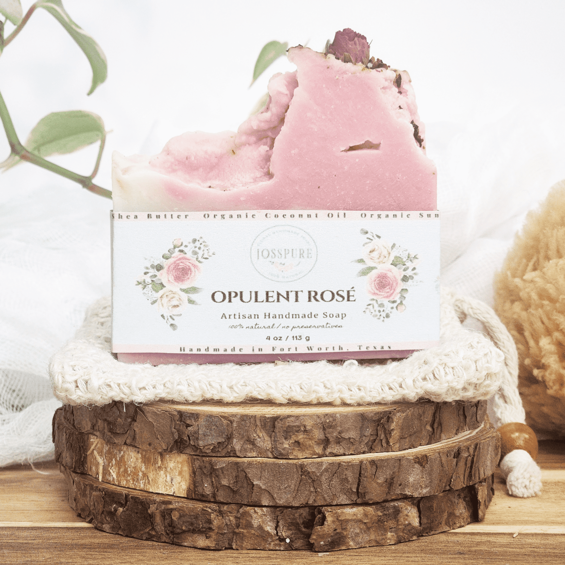 JOSSPURE rose mild shea butter soap artisan handmade with pink rose petals on natural wood slices