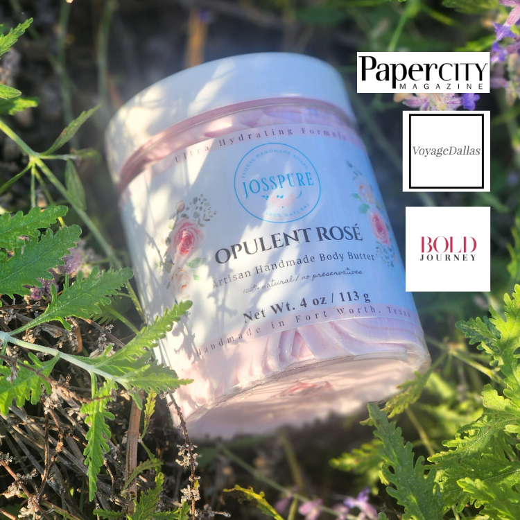 JOSSPURE Opulent Rose Handmade Body Butter in a jar showcasing rose mango butter whipped body butter
