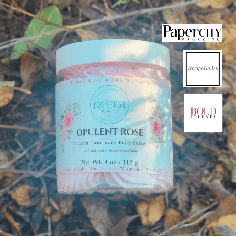 JOSSPURE Opulent Rosé Rose Mango Butter Whipped Body Butter in a jar with a floral design