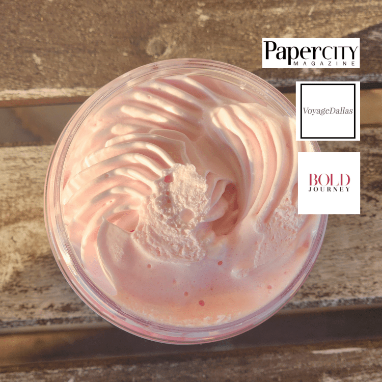 JOSSPURE rose mango butter whipped body butter in a clear jar with a smooth, creamy texture