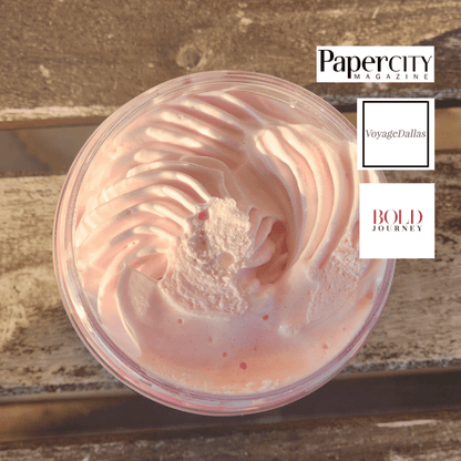 JOSSPURE rose mango butter whipped body butter in a clear jar with a smooth, creamy texture