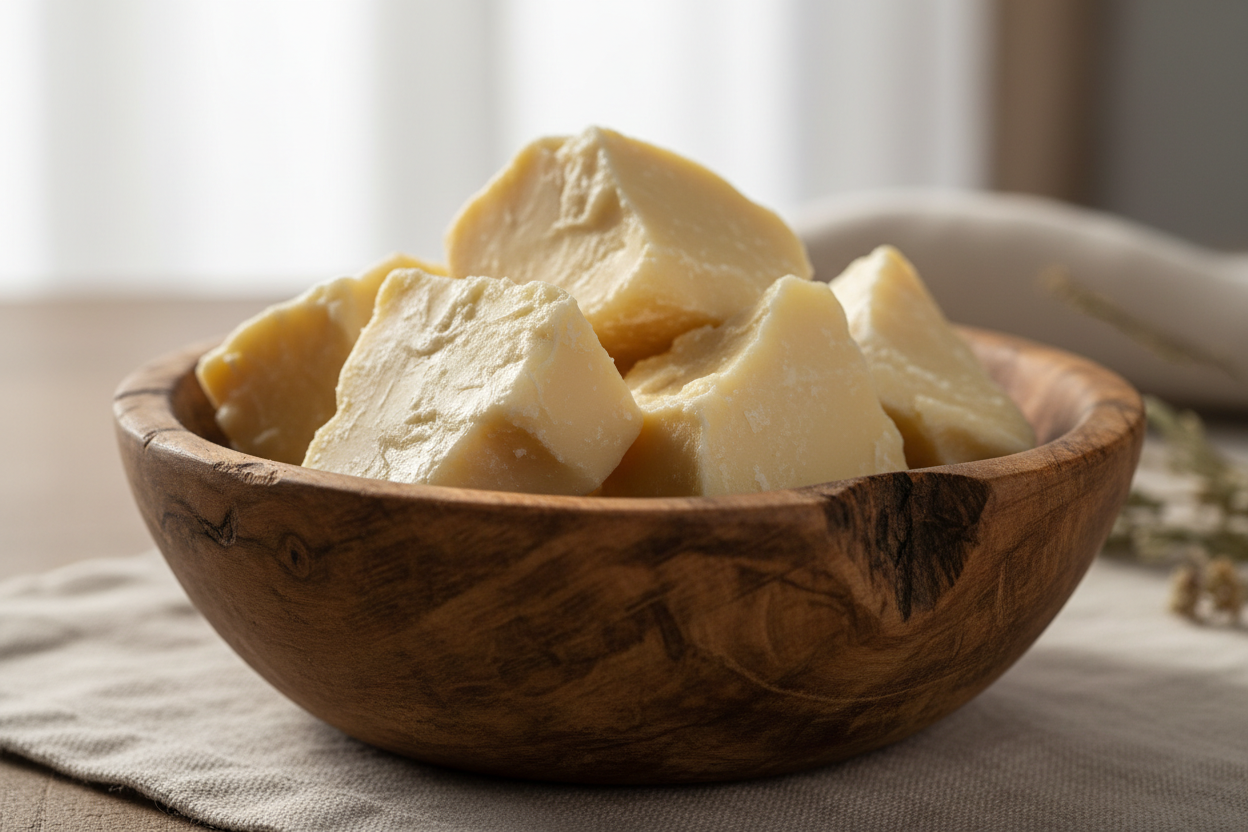 Wooden bowl filled with chunks of yellow soap on a light background