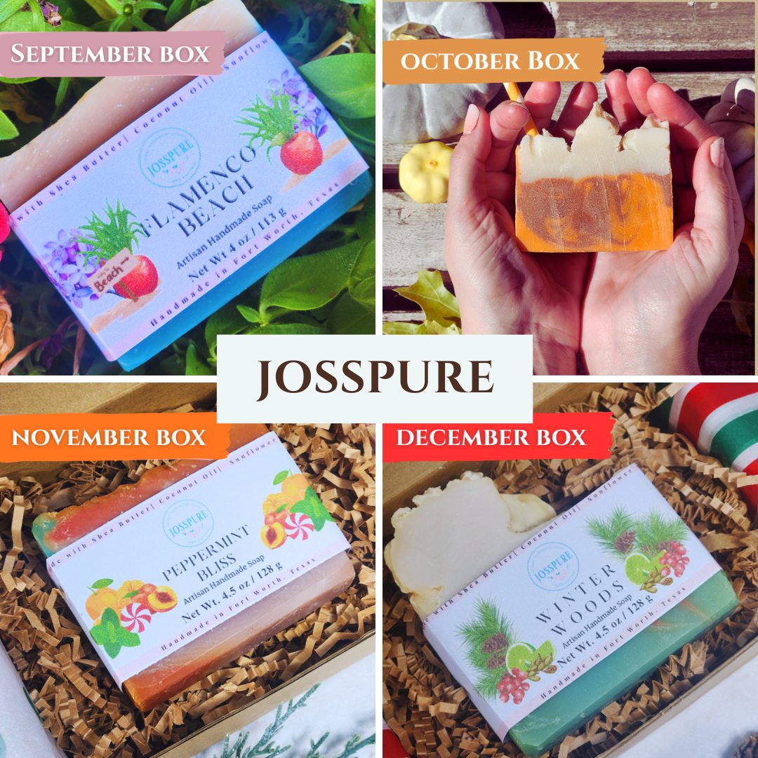 Collage of four images showing different soap bars with labels for September, October, November, and December boxes from JOSSPURE.