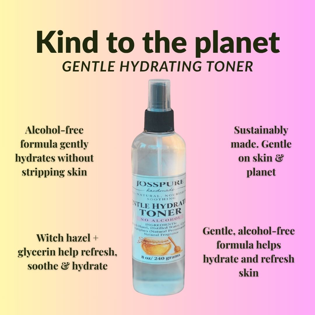 Josspure Gentle Hydrating Toner bottle centered on a pastel gradient background with promotional text around it. The bottle is clear with pale blue liquid and a black spray top.