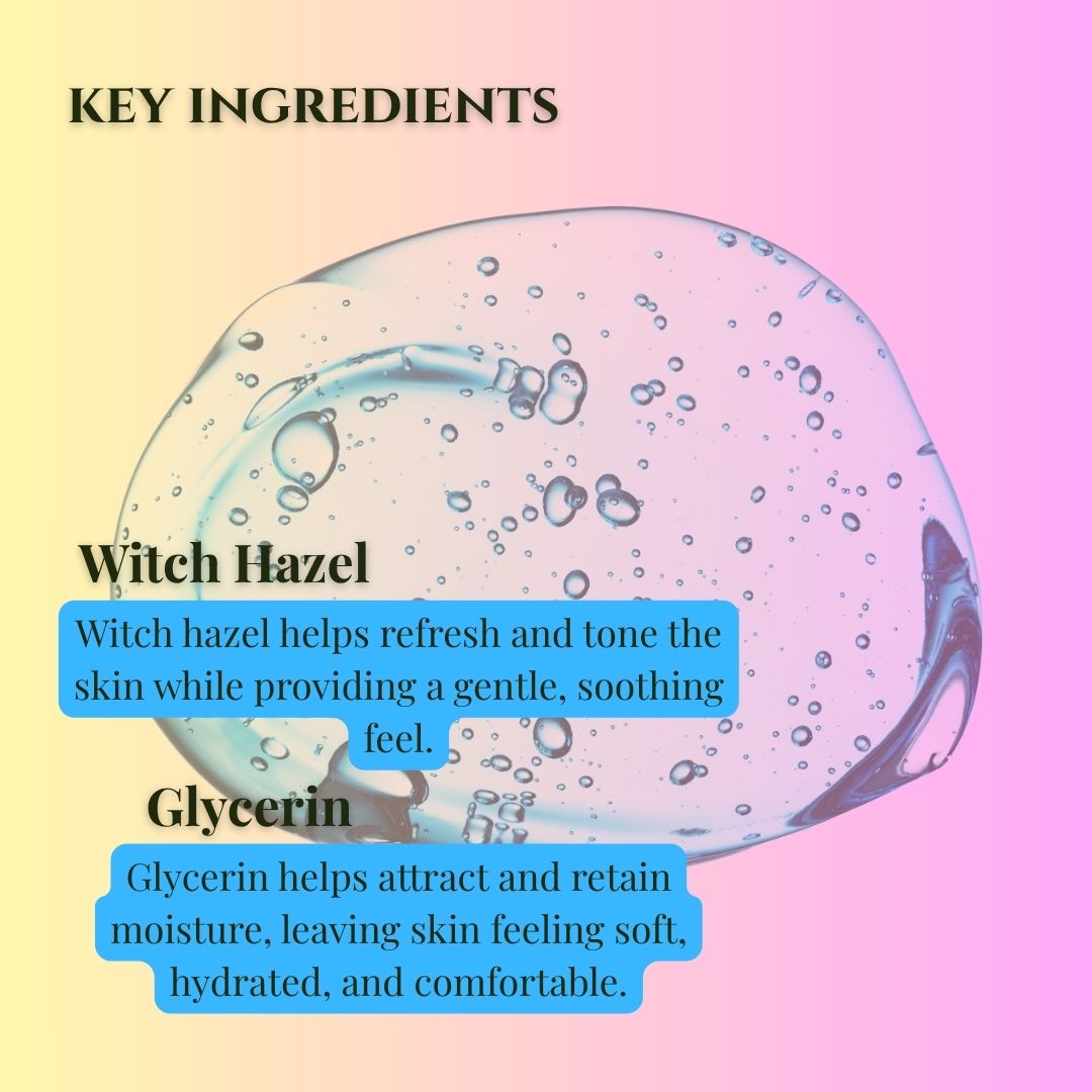 A promotional graphic with a large translucent gel droplet on a pink-to-yellow gradient background. Text reads 'KEY INGREDIENTS' and lists 'Witch Hazel' and 'Glycerin' with descriptive benefits.