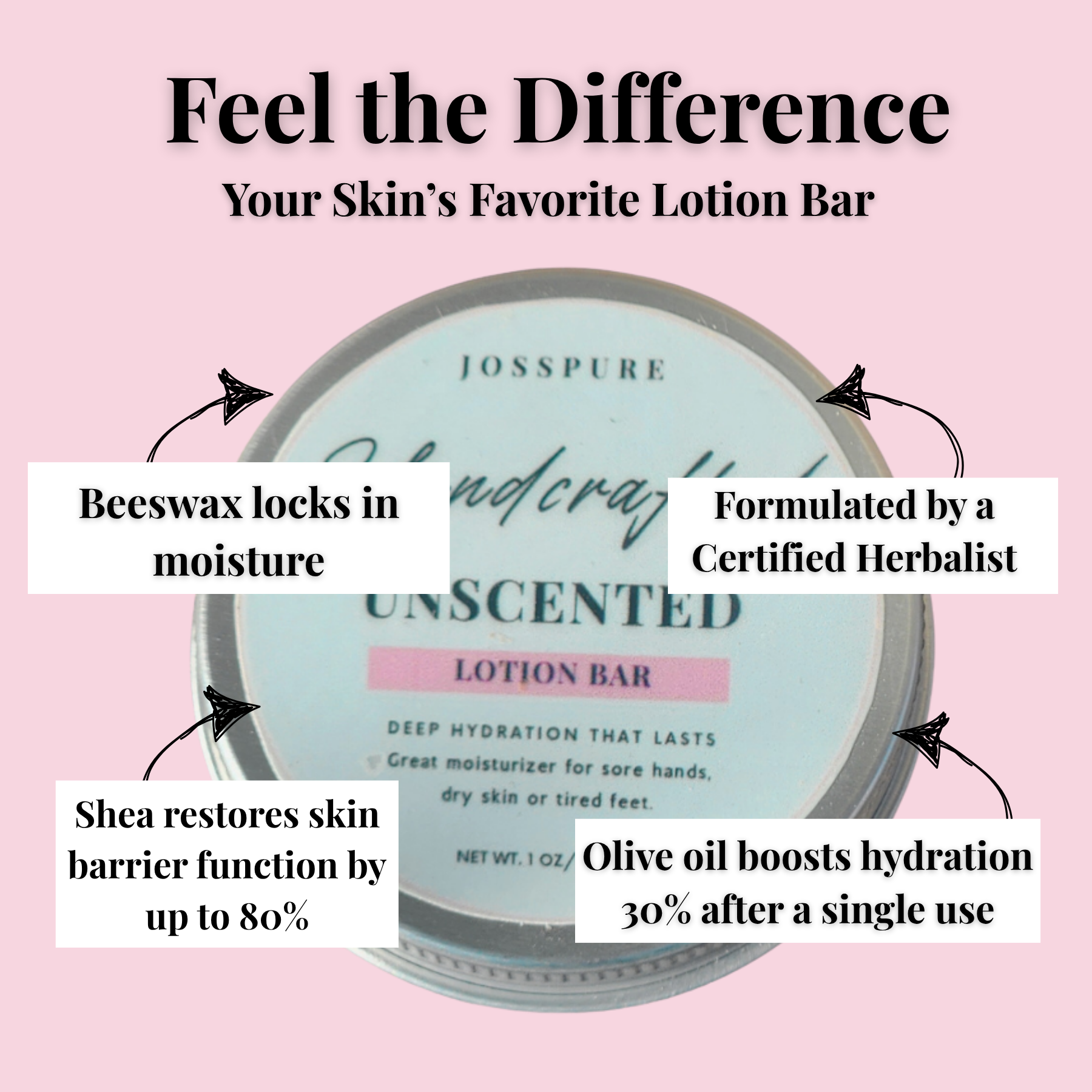 JOSSPURE Unscented Travel Size Mini Lotion Bar in a tin for deep hydration and skin barrier restoration