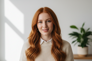 Woman with long red hair wearing a beige sweater in a bright room with a plant.