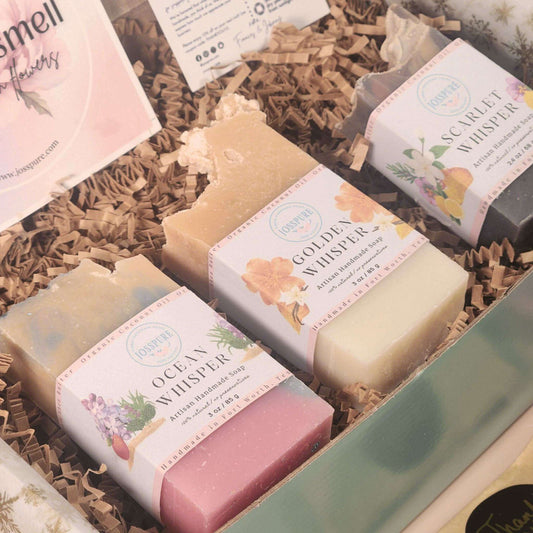 JOSSPURE womens shea butter gift set with handmade natural soaps in assorted scents and decorative packaging