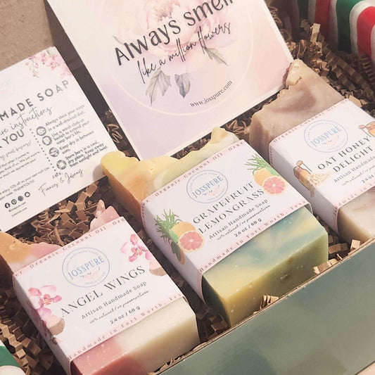JOSSPURE womens soap gift set with handmade shea butter soaps in grapefruit lemongrass and oat honey scents